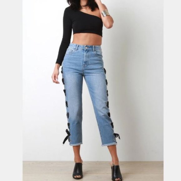 ONLY Ribbon Lace-Up Boyfriend Jeans - Picture 1 of 4